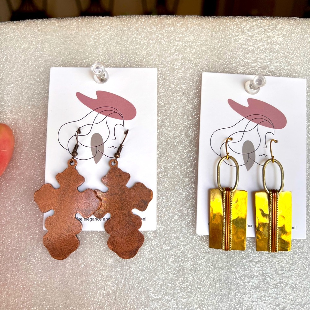 Earrings… crosses are bronze metal… the gold are hammered metal as well.